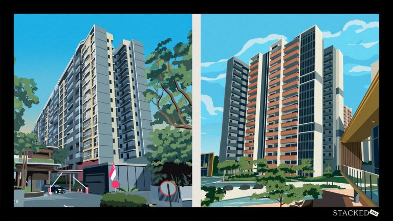 Two side-by-side digital illustrations of residential apartment blocks with trees and a clear blue sky