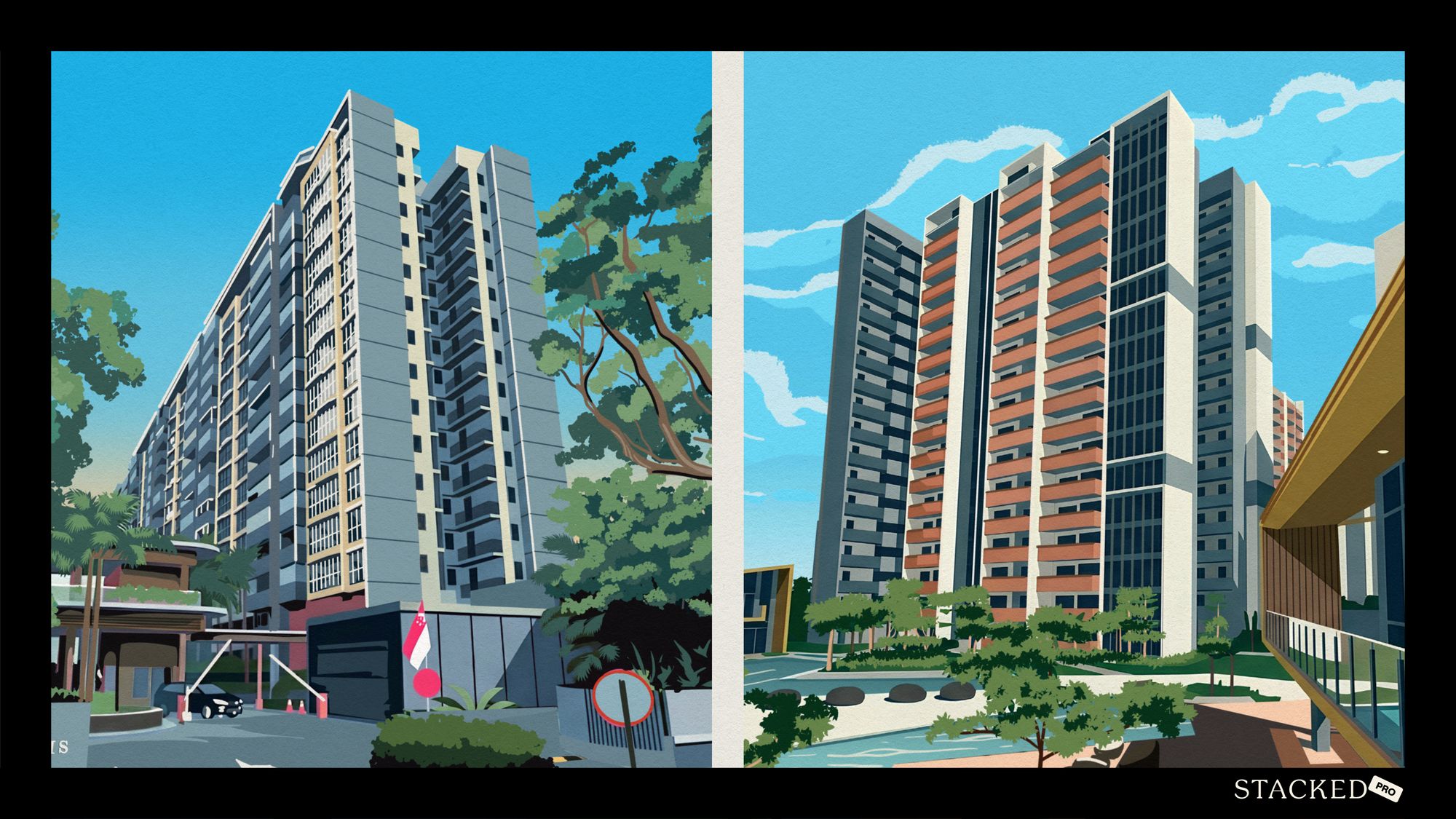 Two side-by-side digital illustrations of residential apartment blocks with trees and a clear blue sky