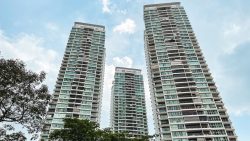Natura Loft Bishan DBSS apartment blocks with balconies against a blue sky and trees in foreground