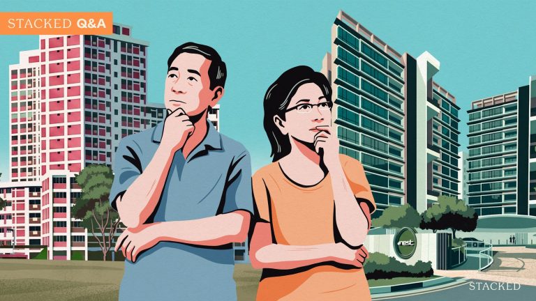 Illustration of a man and woman pondering with residential blocks and condo entrance behind them