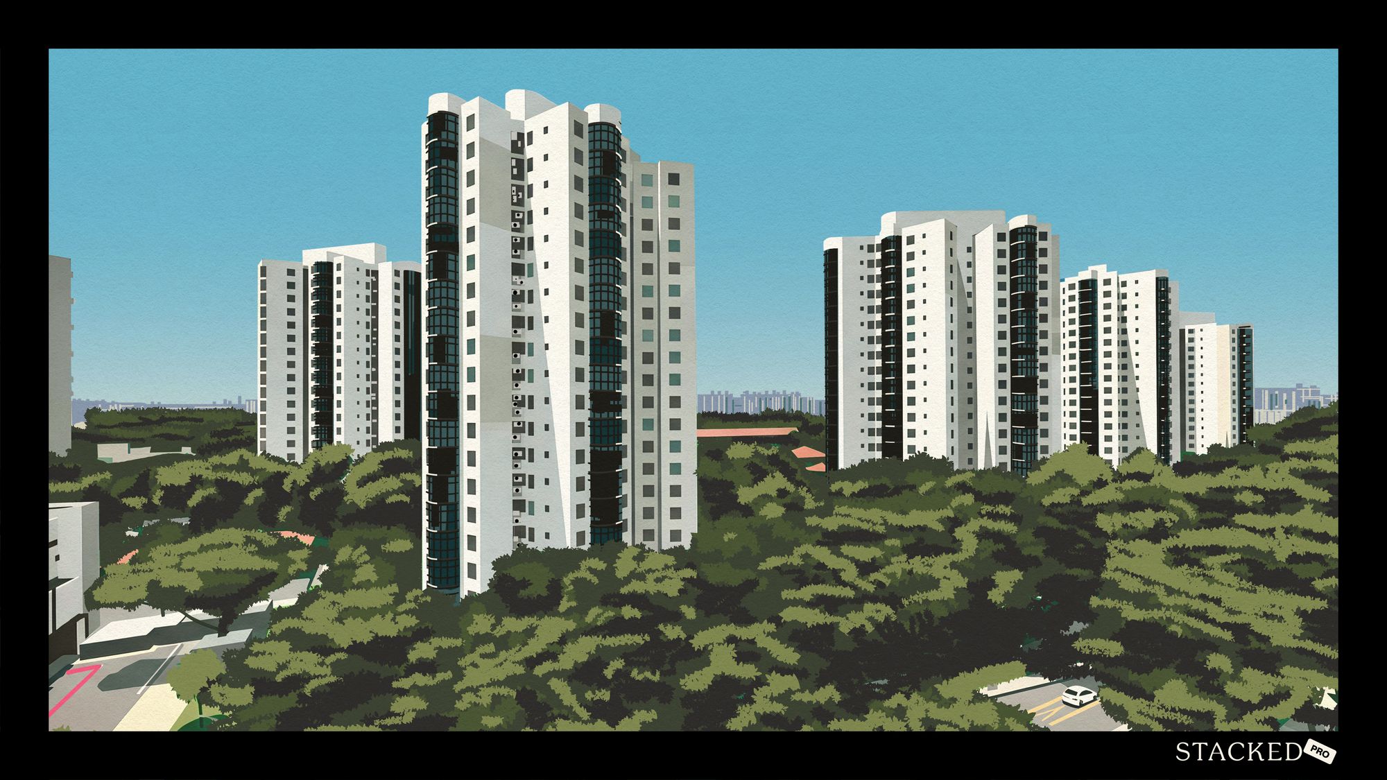 Tall white residential apartment blocks with glass balconies surrounded by dense trees under a clear sky