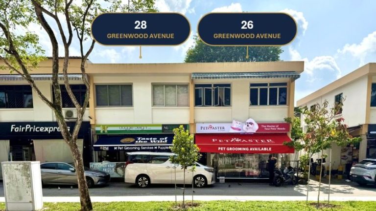 Two-storey commercial shop units at 26 and 28 Greenwood Avenue with pet grooming and retail shops