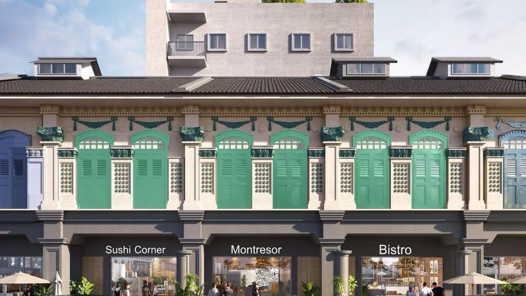 Shophouse facade with green and blue shutters above cafes named Sushi Corner, Montresor, and Bistro
