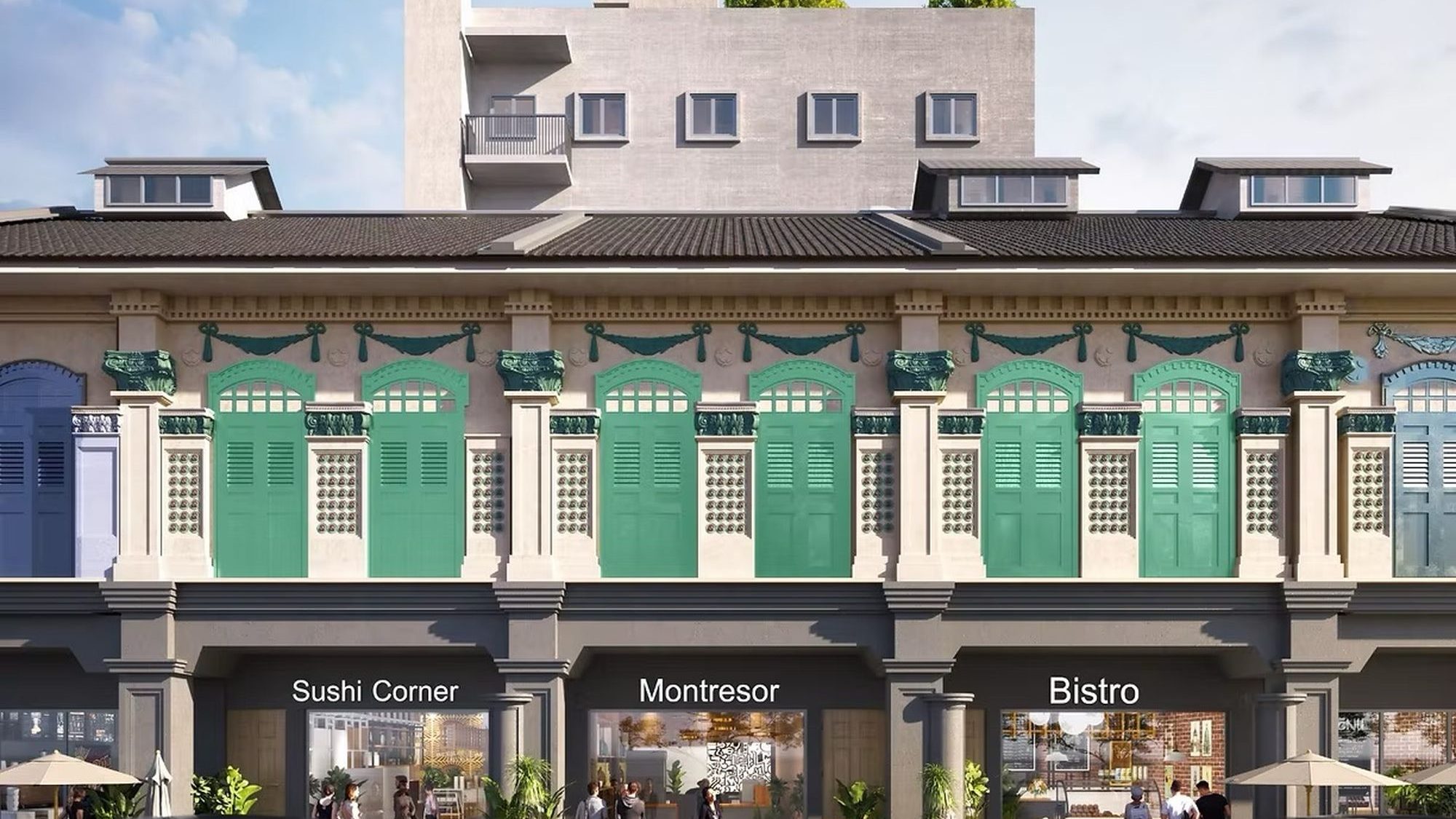 Shophouse facade with green and blue shutters above cafes named Sushi Corner, Montresor, and Bistro