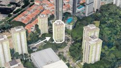 High-rise HDB residential blocks around a green wooded area, with one block marked by a white outline and arrow