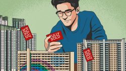 Illustration of a man placing red "Fully Sold" tags on various residential blocks