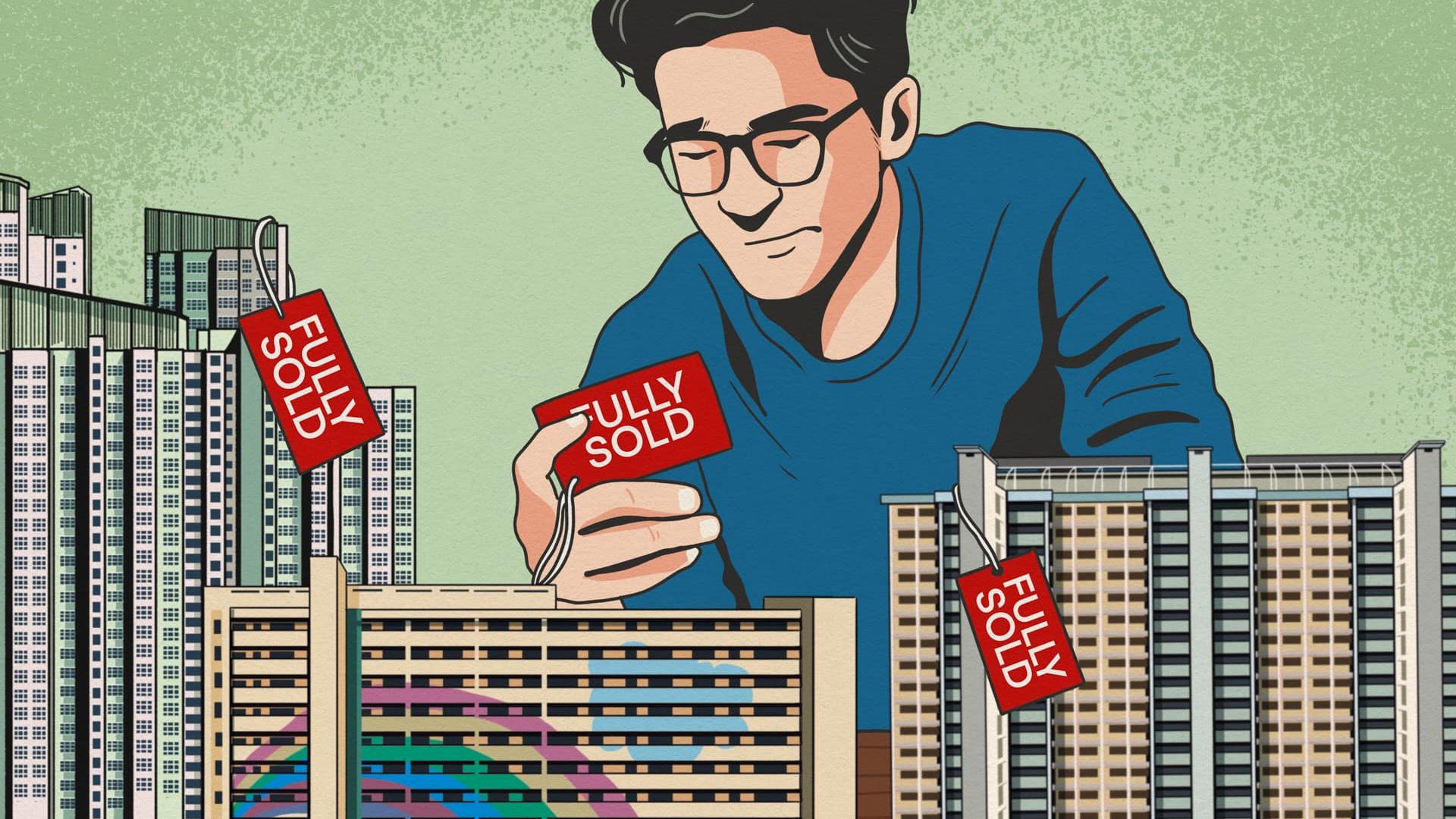 Illustration of a man placing red "Fully Sold" tags on various residential blocks