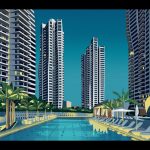 High-rise apartment blocks surrounding an empty swimming pool with palm trees and sun loungers at dusk