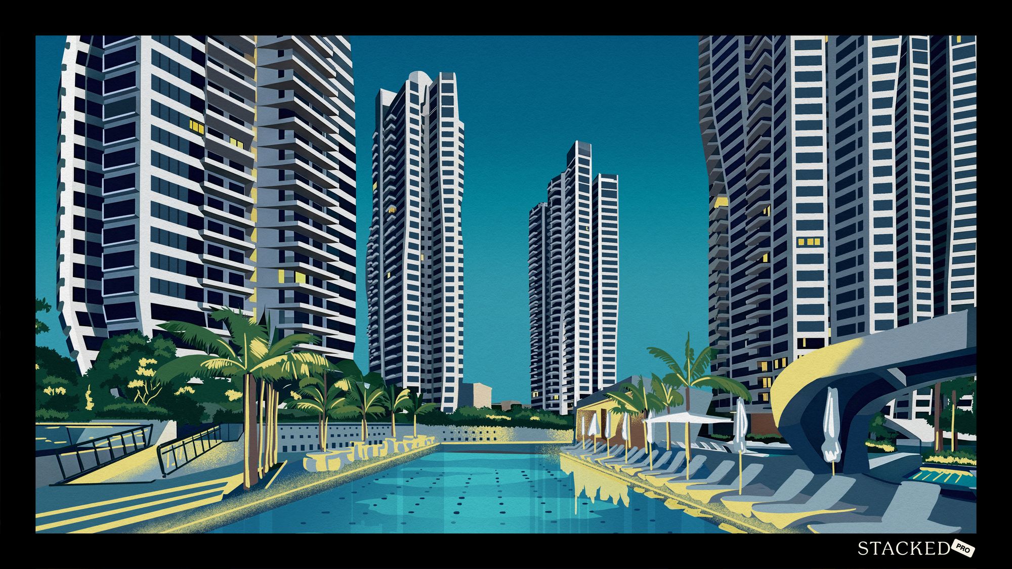High-rise apartment blocks surrounding an empty swimming pool with palm trees and sun loungers at dusk