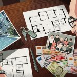 Man holding photo of condominium pool with floor plans, family photo, keys, pen, and currency on table