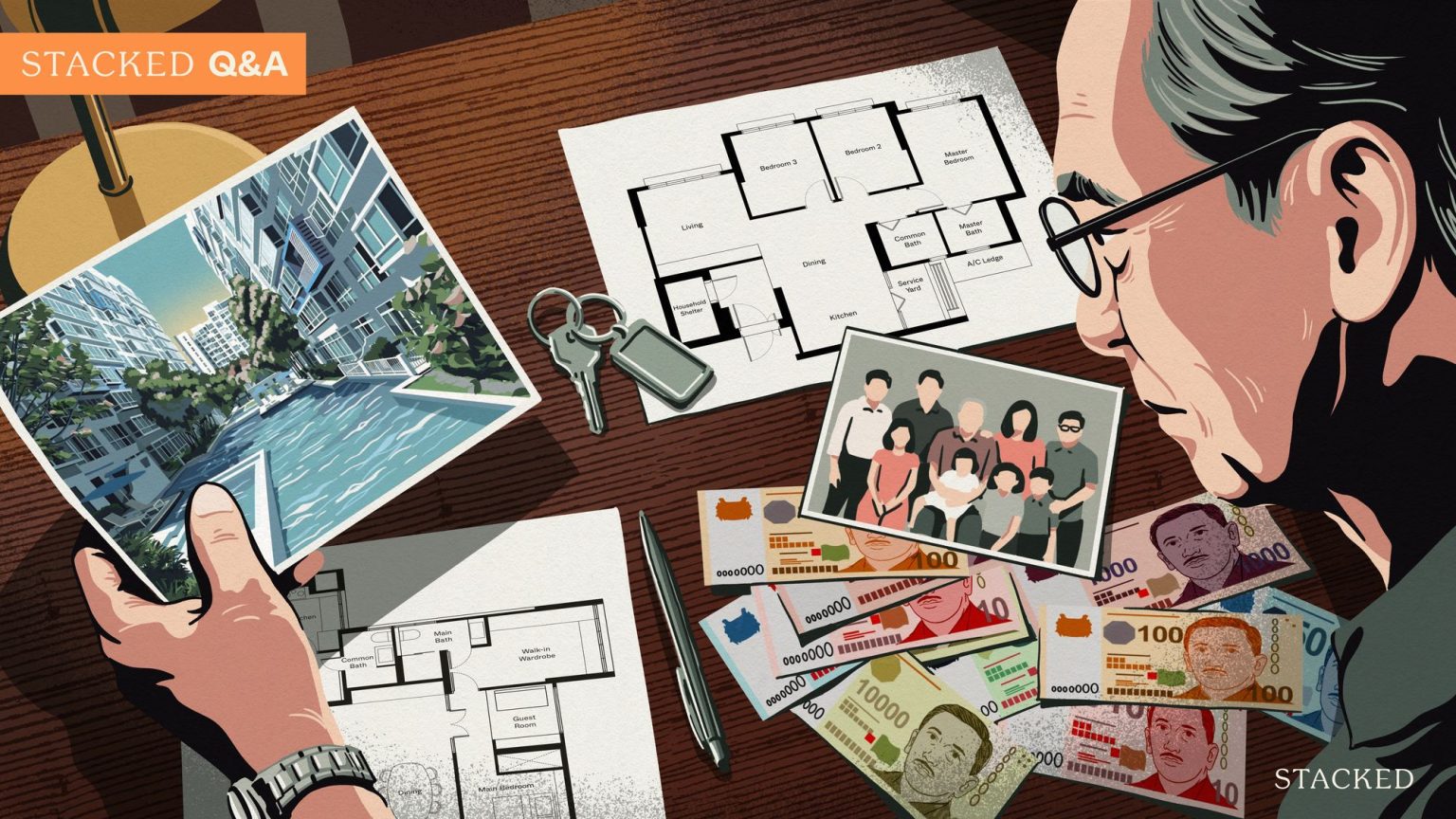 Man holding photo of condominium pool with floor plans, family photo, keys, pen, and currency on table