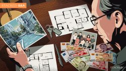 Man holding photo of condominium pool with floor plans, family photo, keys, pen, and currency on table