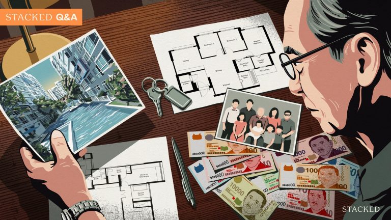 Man holding photo of condominium pool with floor plans, family photo, keys, pen, and currency on table