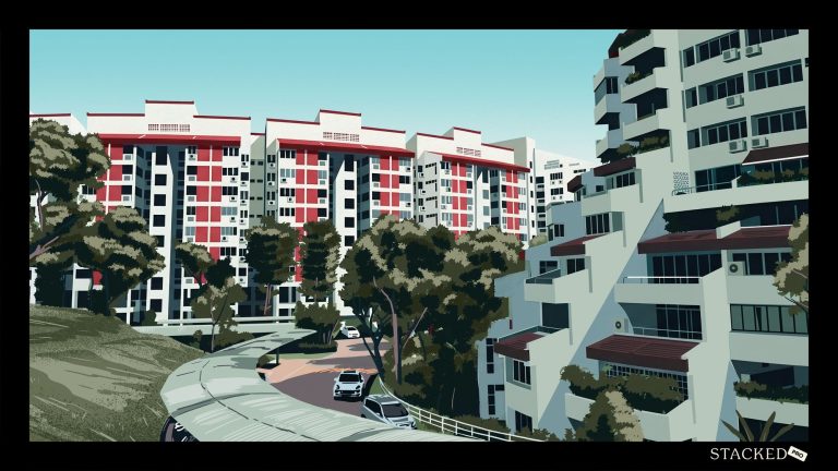 Red and white HDB blocks with trees and cars along a curved driveway in foreground