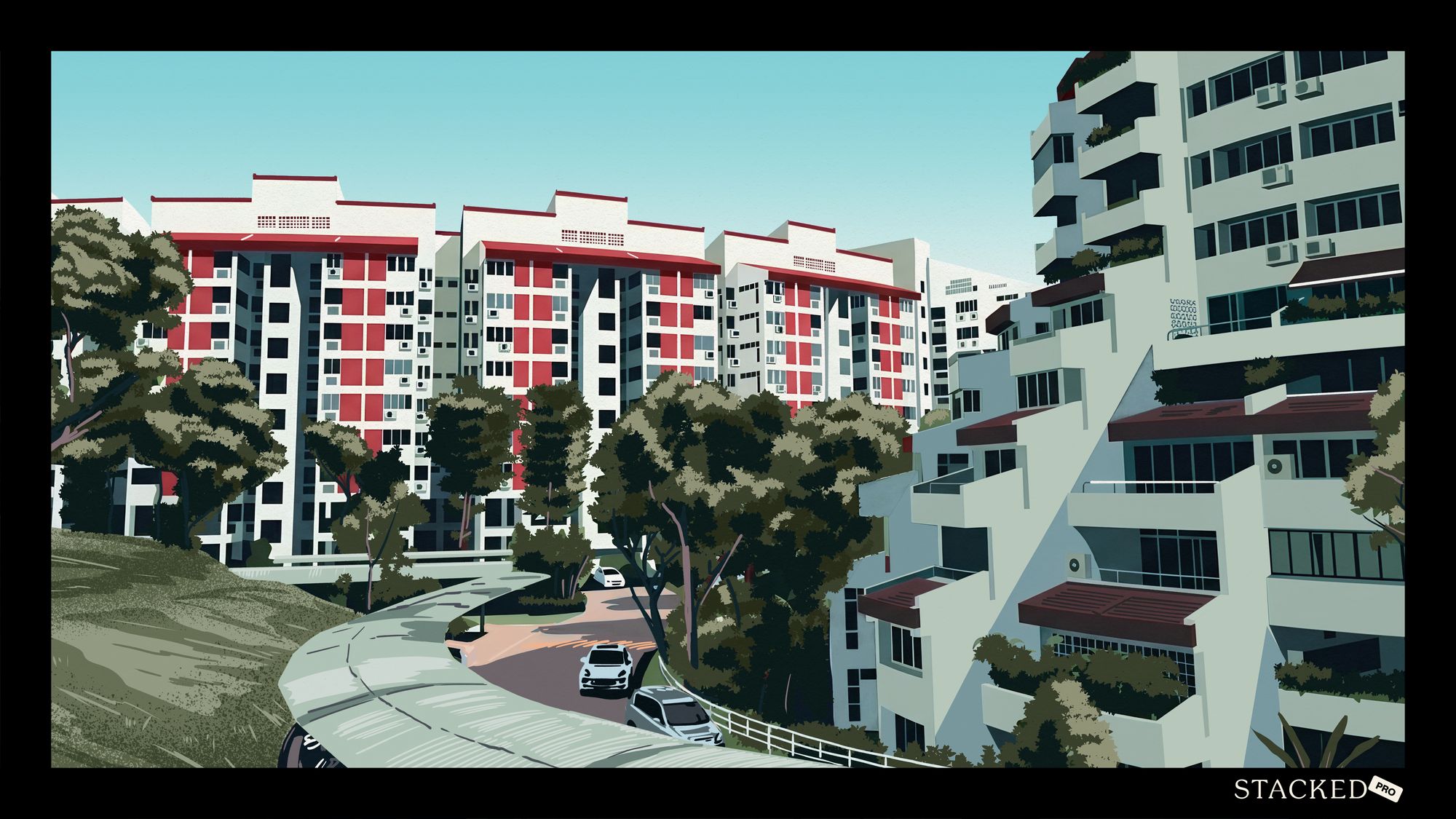 Red and white HDB blocks with trees and cars along a curved driveway in foreground