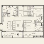 Floor plan of a three-bedroom apartment with dining, living, kitchen, utility, balcony, and two bathrooms