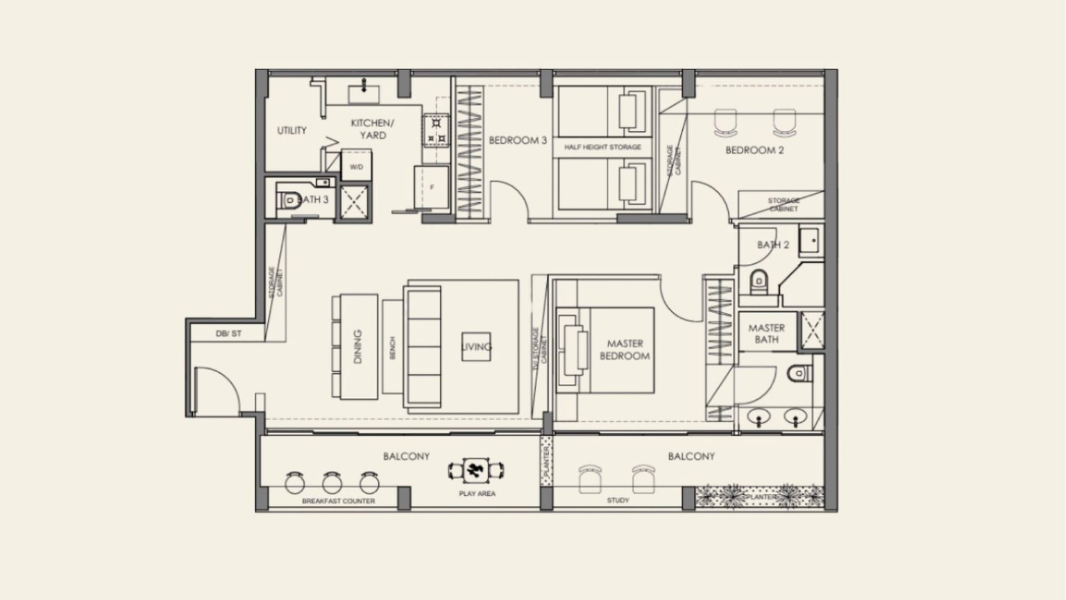 Floor plan of a three-bedroom apartment with dining, living, kitchen, utility, balcony, and two bathrooms