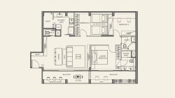 Floor plan of a three-bedroom apartment with dining, living, kitchen, utility, balcony, and two bathrooms