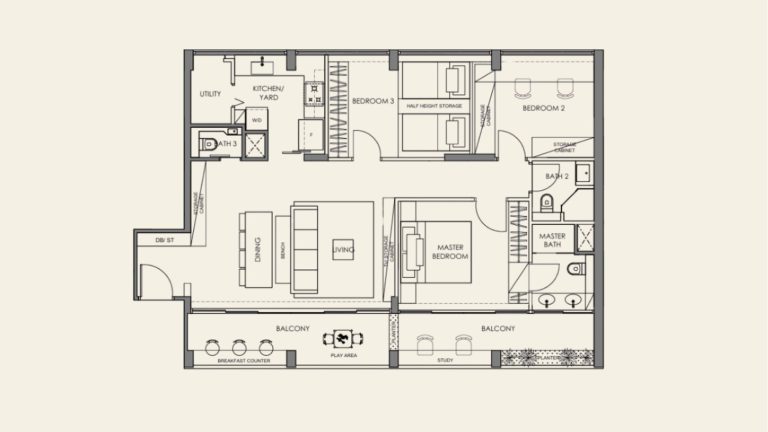 Floor plan of a three-bedroom apartment with dining, living, kitchen, utility, balcony, and two bathrooms