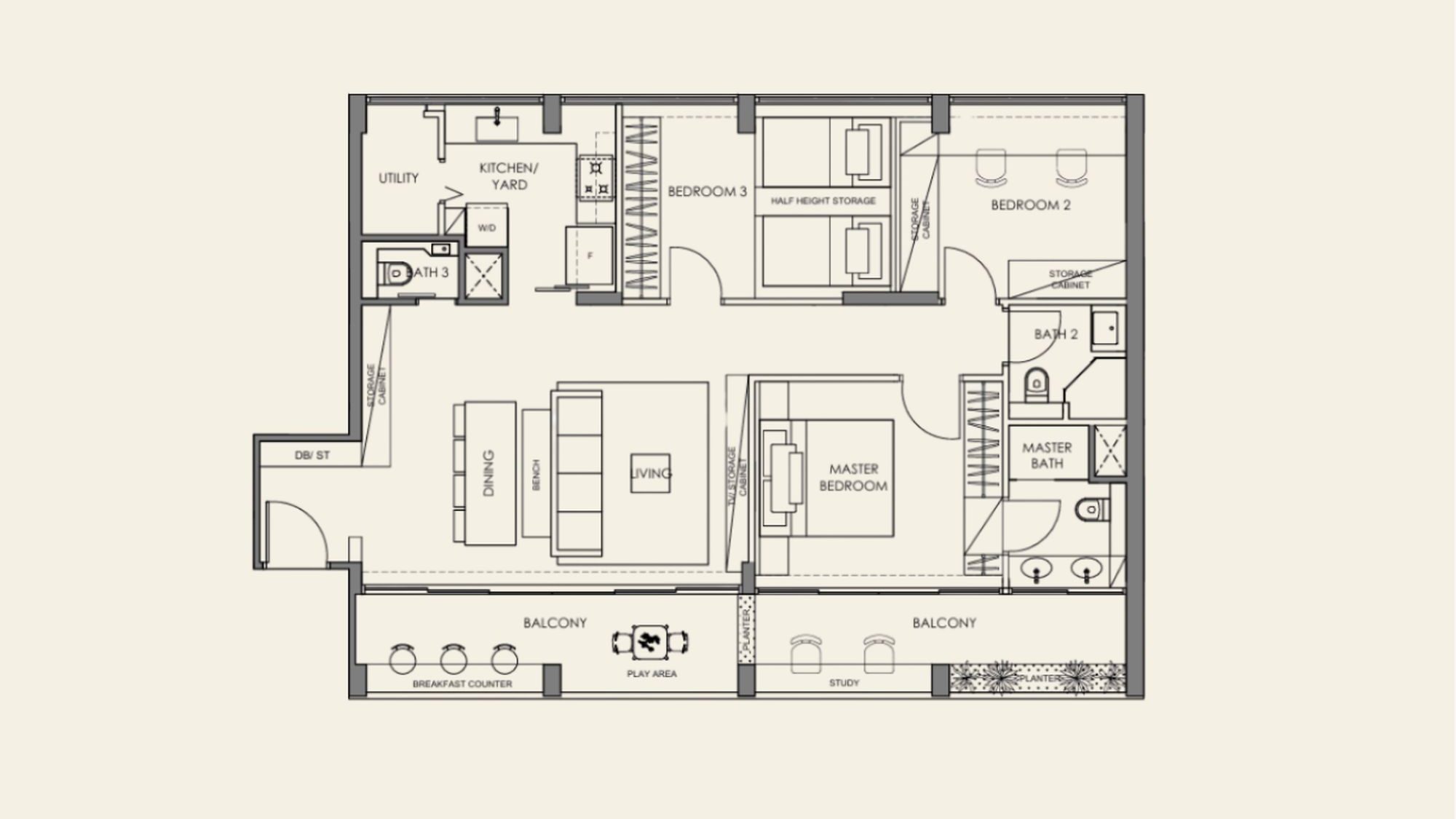 Floor plan of a three-bedroom apartment with dining, living, kitchen, utility, balcony, and two bathrooms