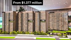Scale model of high-rise residential blocks with greenery and price tag from $1.377 million