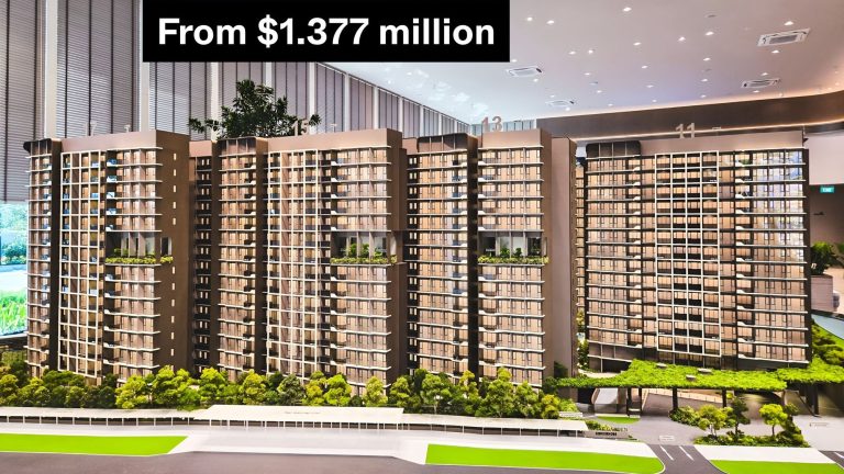 Scale model of high-rise residential blocks with greenery and price tag from $1.377 million