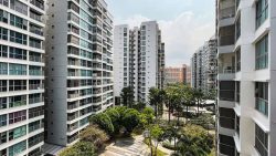 High-rise residential blocks surrounding a landscaped garden with trees and walking paths in a sunny setting