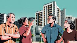 Illustration of four adults discussing in front of housing blocks under a clear sky