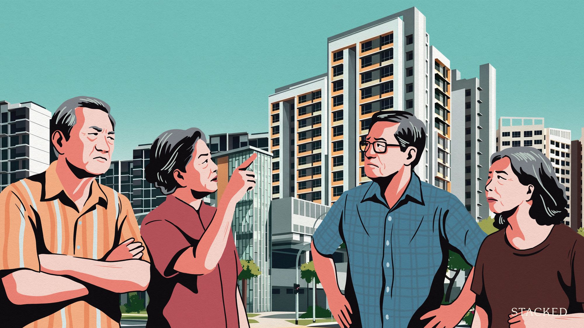 Illustration of four adults discussing in front of housing blocks under a clear sky