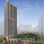 Tall private condominium block with balconies and a pool on the podium deck surrounded by greenery