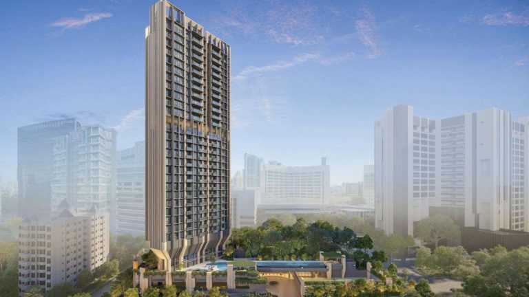 Tall private condominium block with balconies and a pool on the podium deck surrounded by greenery