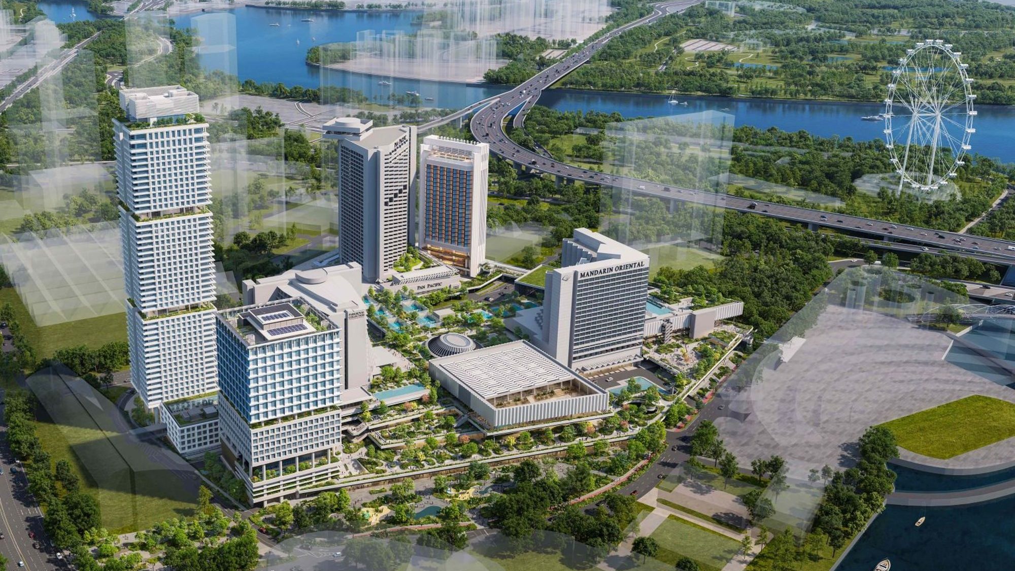 Mixed-use development with hotels, retail, and a tall residential tower near a river and highway bridge