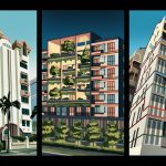 Three different multi-storey residential blocks, one with greenery on terraces and one with colourful angled lines on the facade