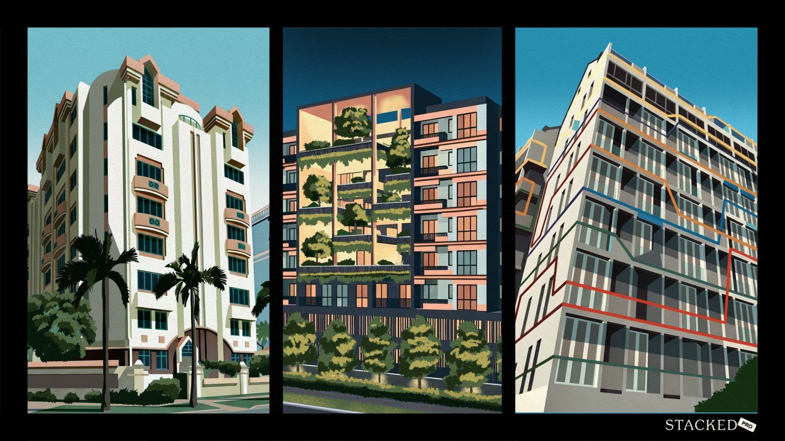 Three different multi-storey residential blocks, one with greenery on terraces and one with colourful angled lines on the facade