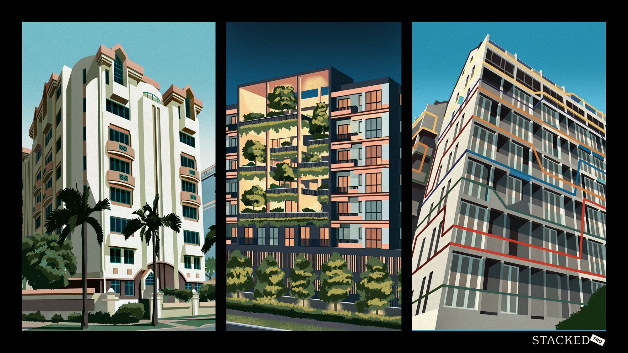 Three different multi-storey residential blocks, one with greenery on terraces and one with colourful angled lines on the facade