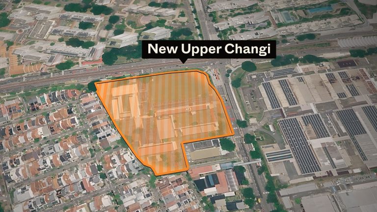 Aerial view of residential and industrial blocks with New Upper Changi area highlighted in orange