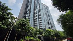 High-rise residential apartment blocks with glass balconies surrounded by lush green trees under a partly cloudy sky