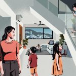 Illustration of a family with parents and children in a modern living room with a staircase and city view window