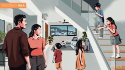 Illustration of a family with parents and children in a modern living room with a staircase and city view window