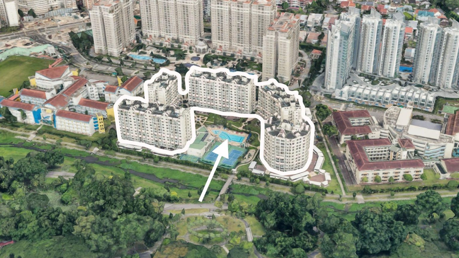 Curved residential blocks with swimming pool and tennis courts, surrounded by greenery and other buildings