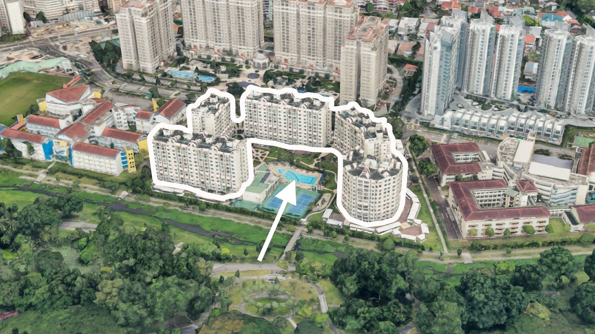 Curved residential blocks with swimming pool and tennis courts, surrounded by greenery and other buildings