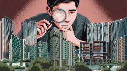 Illustration of a man examining modern residential buildings with a magnifying glass