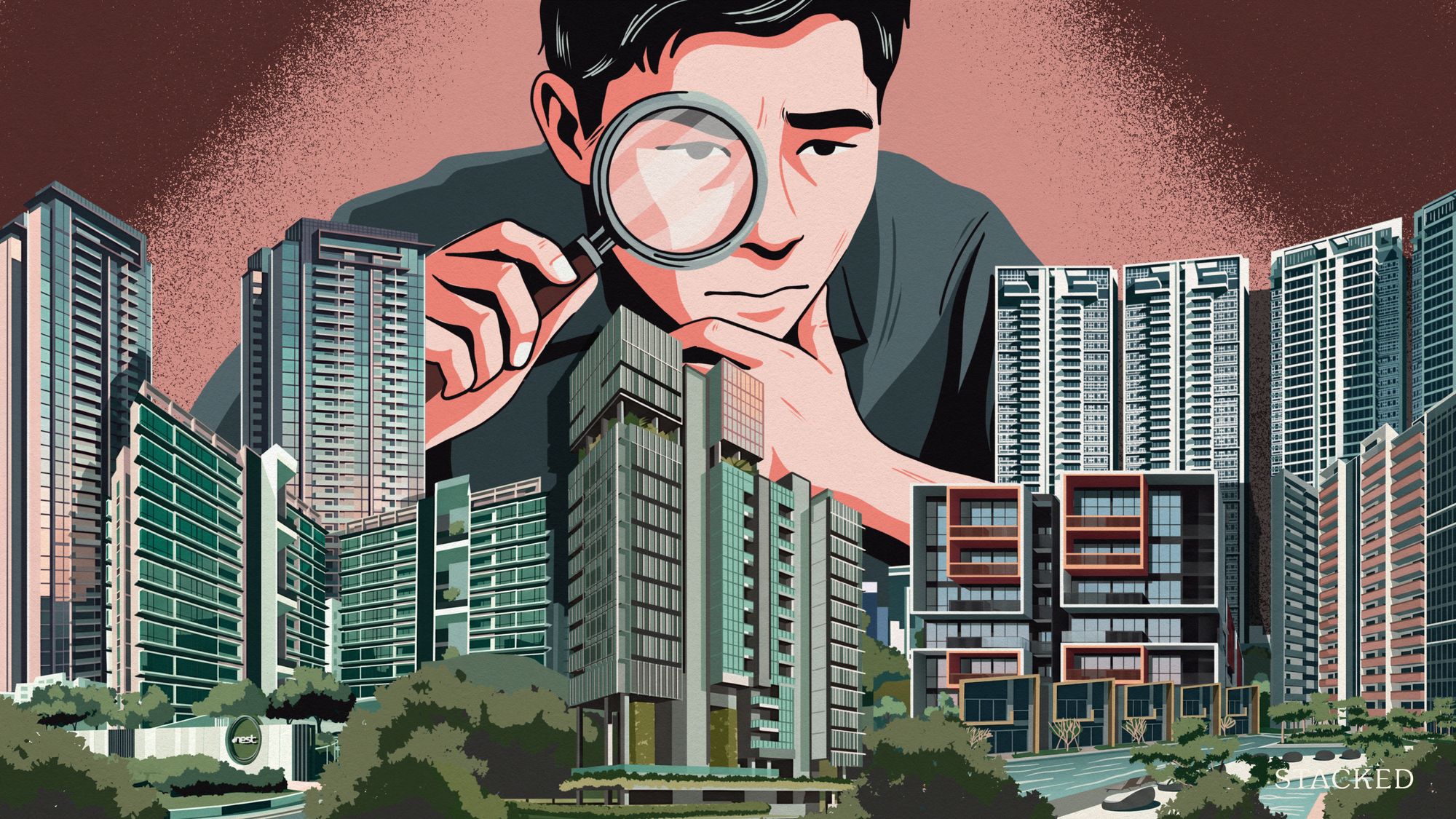 Illustration of a man examining modern residential buildings with a magnifying glass