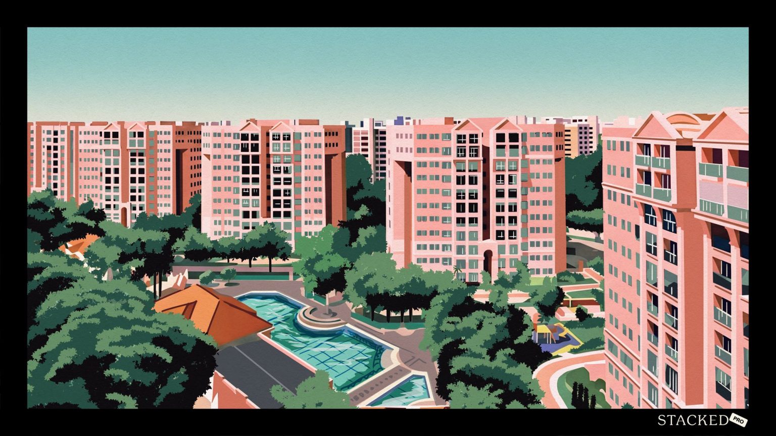 Residential blocks surrounding a swimming pool with trees and playgrounds under a blue sky