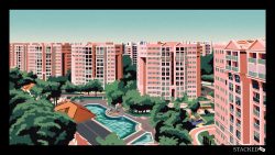 Residential blocks surrounding a swimming pool with trees and playgrounds under a blue sky