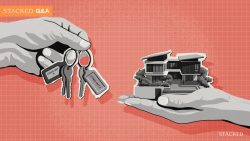 Illustration of hands holding condo keys labelled unit A and B and a model of a modern house on a coral grid background