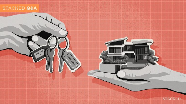 Illustration of hands holding condo keys labelled unit A and B and a model of a modern house on a coral grid background