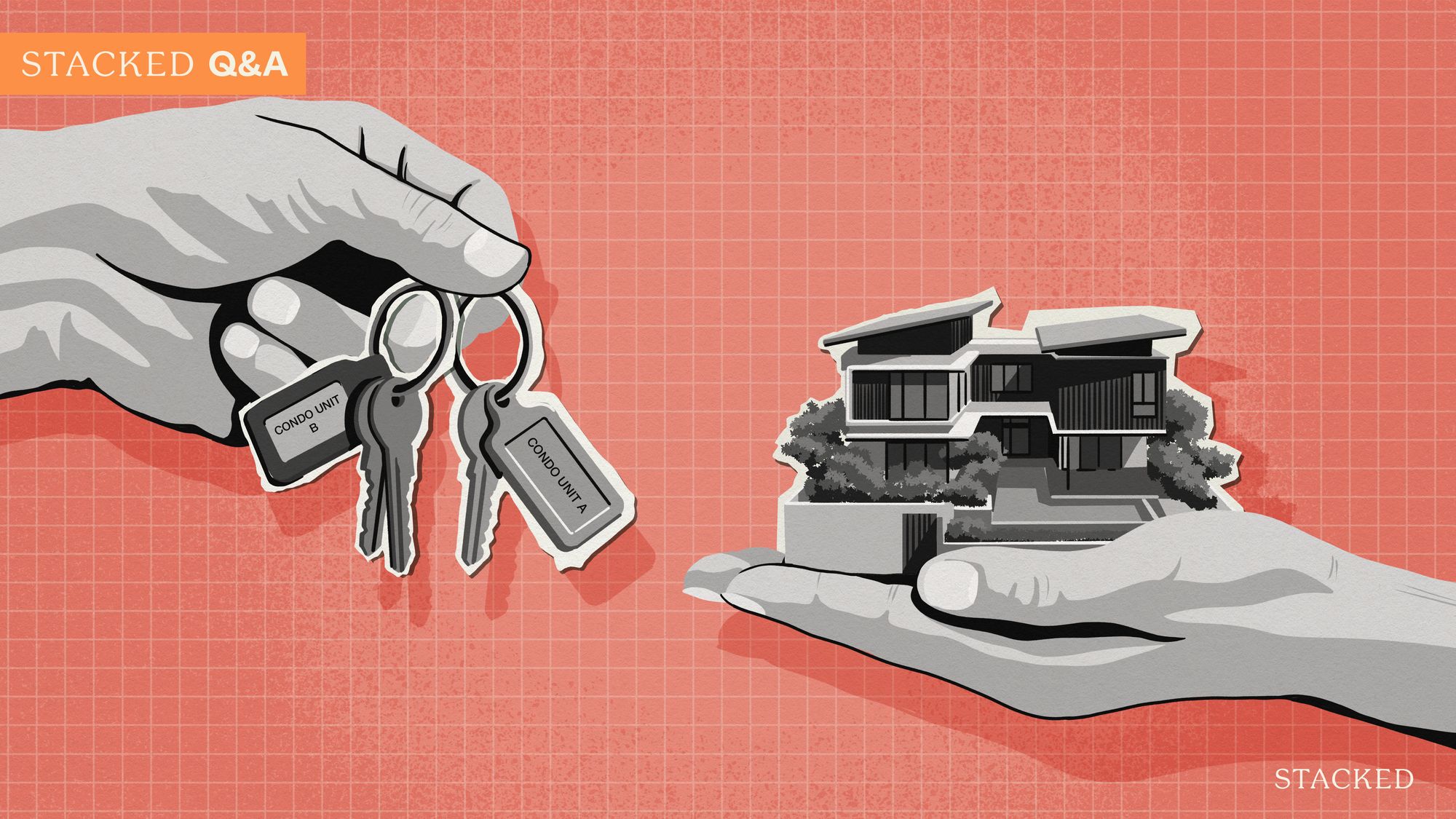 Illustration of hands holding condo keys labelled unit A and B and a model of a modern house on a coral grid background