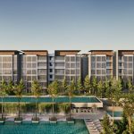 Residential apartment blocks with glass facades and rooftop pool surrounded by trees and lounge chairs