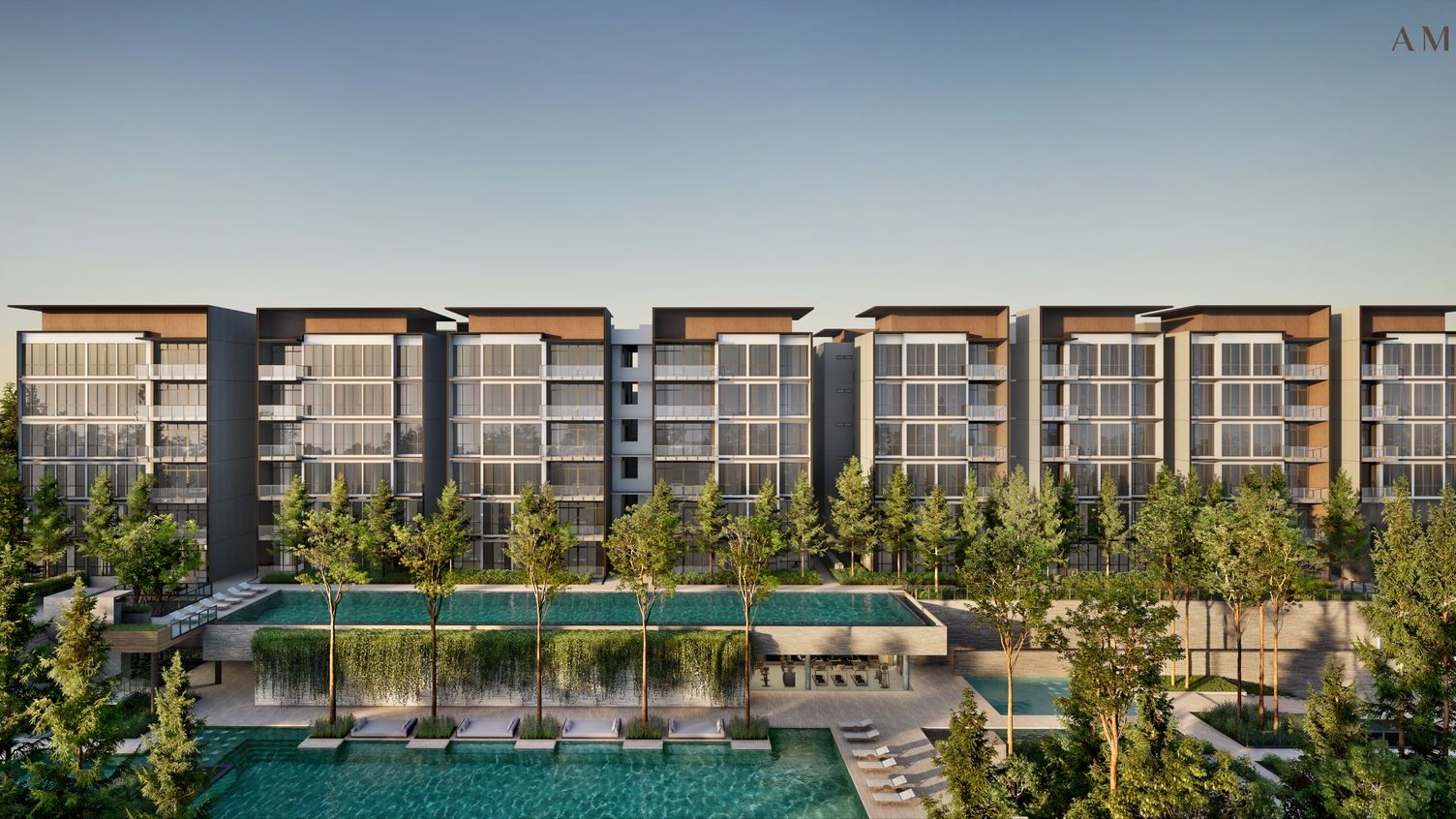 Residential apartment blocks with glass facades and rooftop pool surrounded by trees and lounge chairs